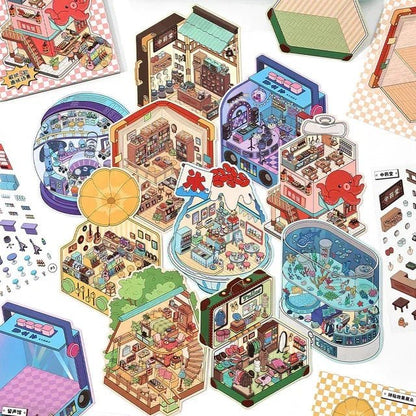 Colorful miniature city scene stickers featuring tiny shops, cafes, and aquarium for journaling.