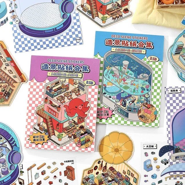 Colorful miniature scene stickers featuring aquarium, cafe, and cozy room designs for journaling.