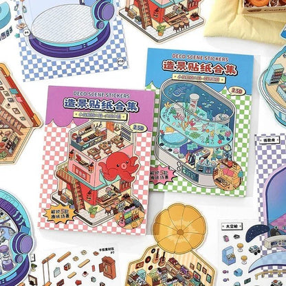 Colorful miniature scene stickers featuring aquarium, cafe, and cozy room designs for journaling.