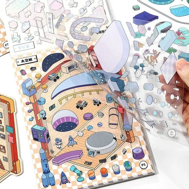 Miniature scene stickers with space-themed designs for journaling and scrapbooking