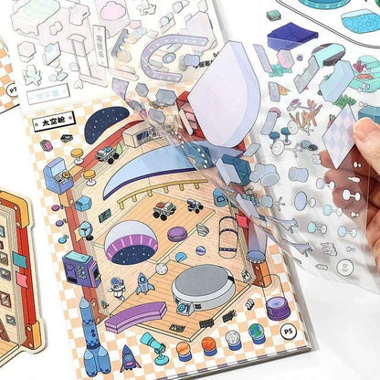 Miniature scene stickers with space-themed designs for journaling and scrapbooking