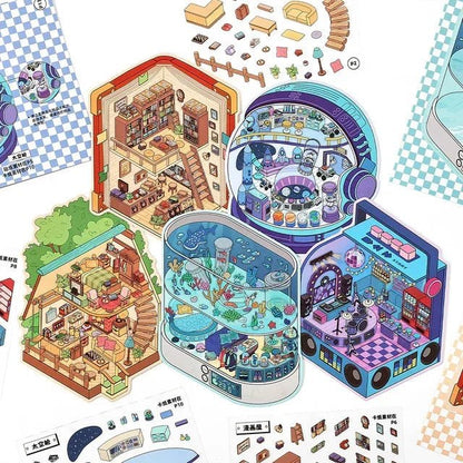 Colorful illustrated miniature city and town scene stickers for journaling or scrapbooking.