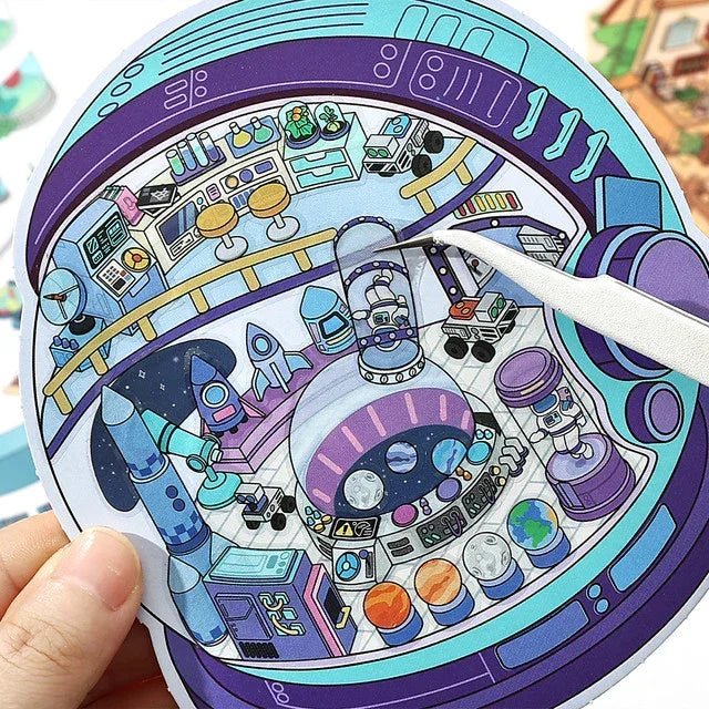 Colorful space station scene sticker with rockets, control panels, and futuristic lab details