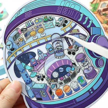 Colorful space station scene sticker with rockets, control panels, and futuristic lab details