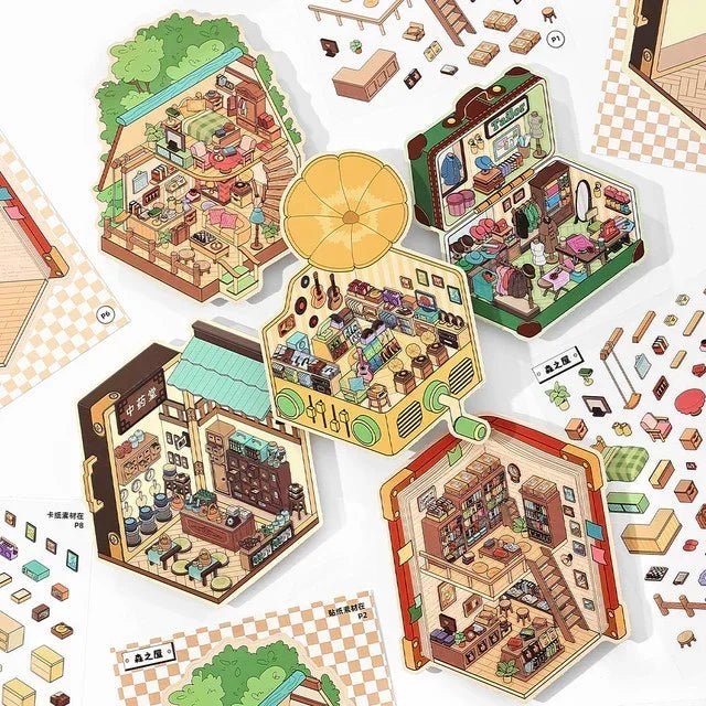 Colorful miniature room and shop stickers for journaling and scrapbooking crafts