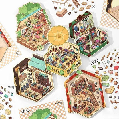 Colorful miniature room and shop stickers for journaling and scrapbooking crafts