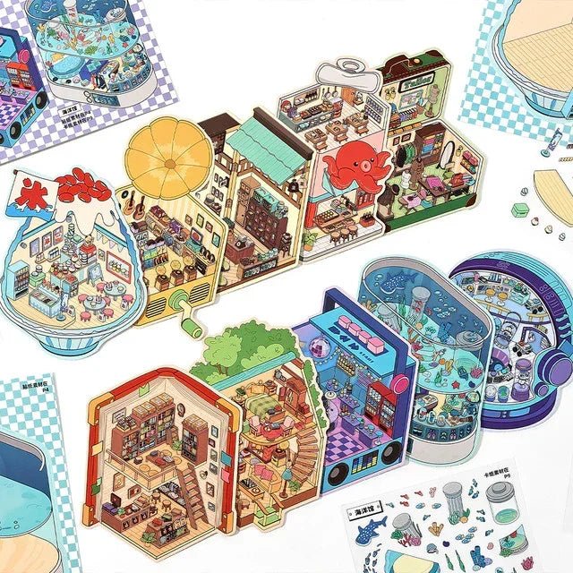 Colorful miniature city and town scene stickers for journaling and scrapbooking crafts
