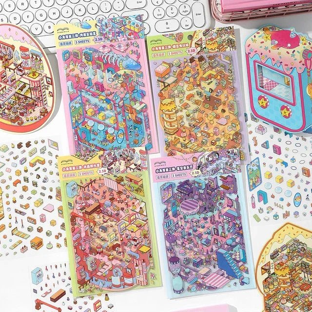 Colorful kawaii scene sticker sheets with miniature concert, candy arcade, and fantasy worlds for journaling or scrapbooking.