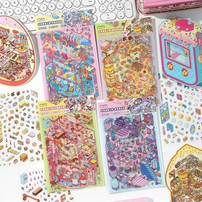 Colorful kawaii scene sticker sheets with miniature concert, candy arcade, and fantasy worlds for journaling or scrapbooking.