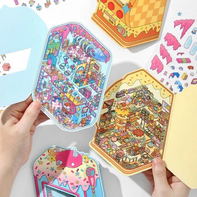 Colorful miniature scene stickers featuring dessert-themed rooms and candy arcade designs for journaling