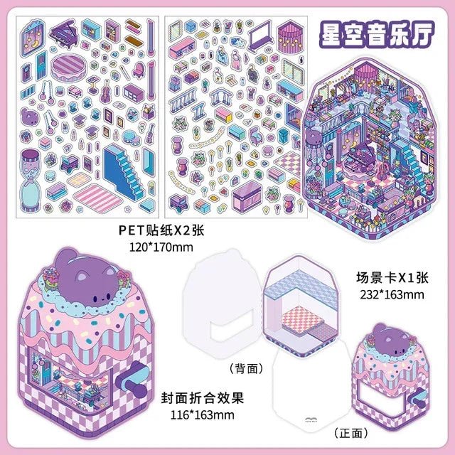 Colorful miniature scene sticker set with cozy pastel concert hall, cute bear, and candy-themed decor.