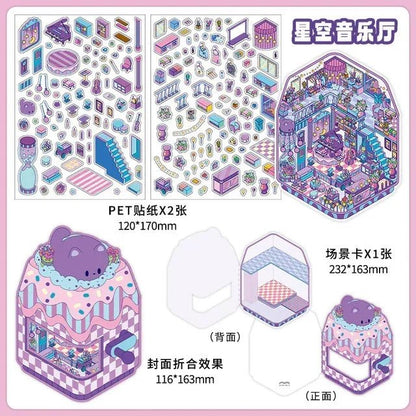 Colorful miniature scene sticker set with cozy pastel concert hall, cute bear, and candy-themed decor.