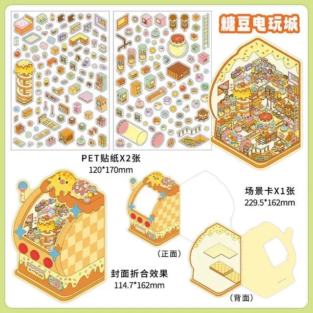 Miniature candy arcade scene sticker kit with colorful sweets, game elements, and 3D standee display.