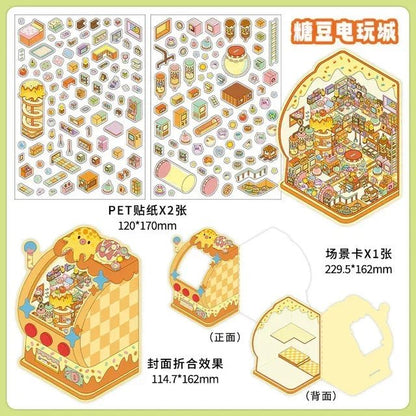Miniature candy arcade scene sticker kit with colorful sweets, game elements, and 3D standee display.