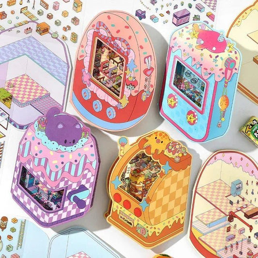 Cute miniature scene stickers with pastel arcade and candy machine designs for journaling or scrapbooking.
