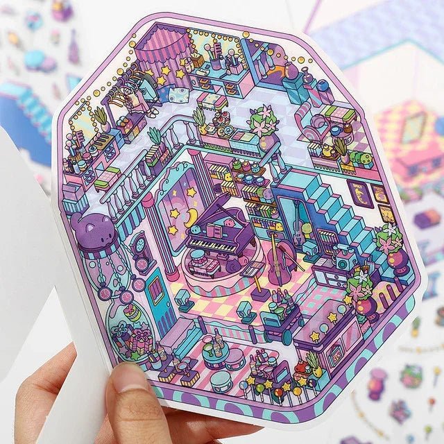 Colorful miniature scene sticker of a cozy concert hall with stars, piano, plants, and decor