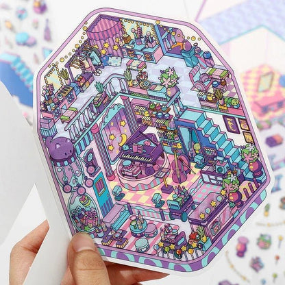 Colorful miniature scene sticker of a cozy concert hall with stars, piano, plants, and decor