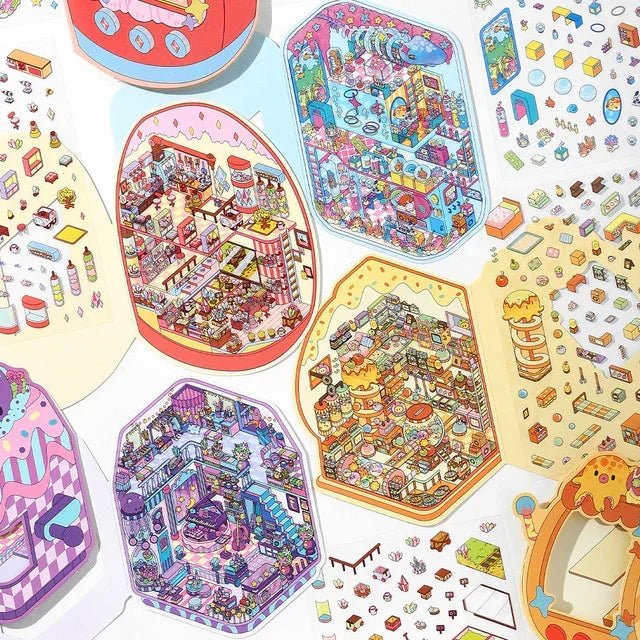 Colorful miniature scene stickers featuring candy arcade, concert hall, and fantasy rooms