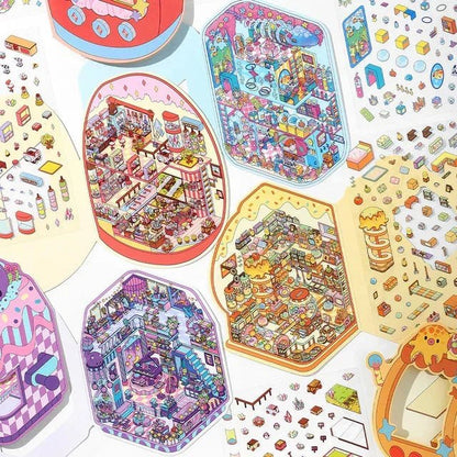 Colorful miniature scene stickers featuring candy arcade, concert hall, and fantasy rooms