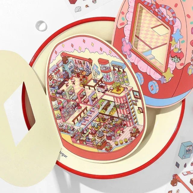 Colorful miniature candy shop sticker scene with detailed shelves and sweets, perfect for journaling.