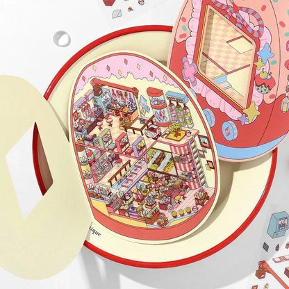 Colorful miniature candy shop sticker scene with detailed shelves and sweets, perfect for journaling.