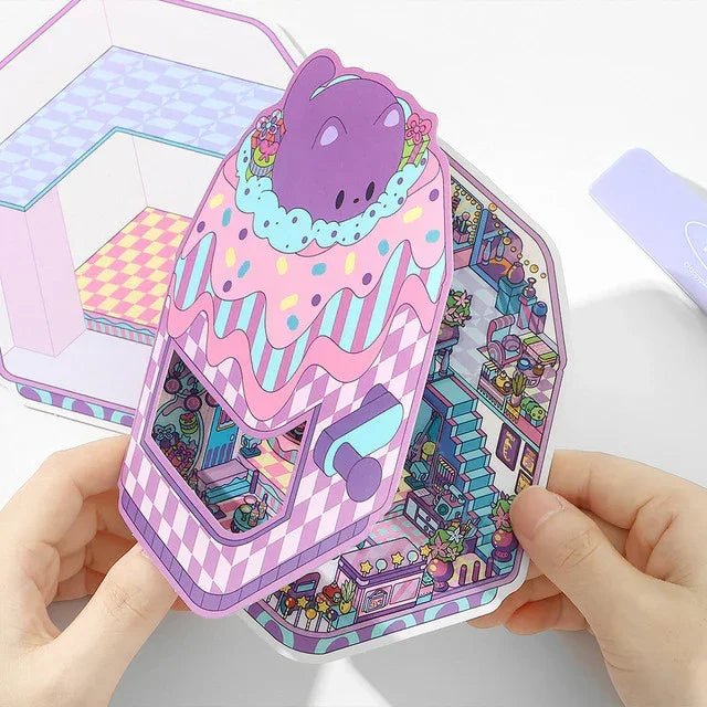 Colorful miniature scene sticker with pastel candy arcade, cute decorations, and 3D layers