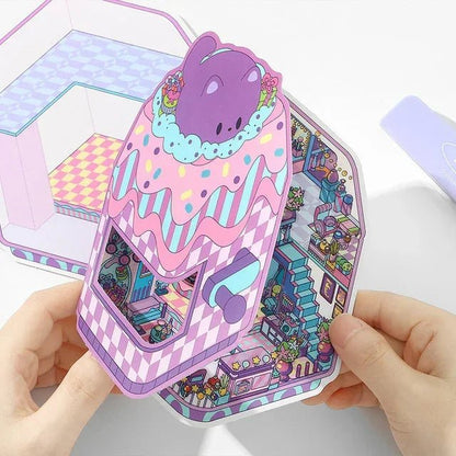 Colorful miniature scene sticker with pastel candy arcade, cute decorations, and 3D layers