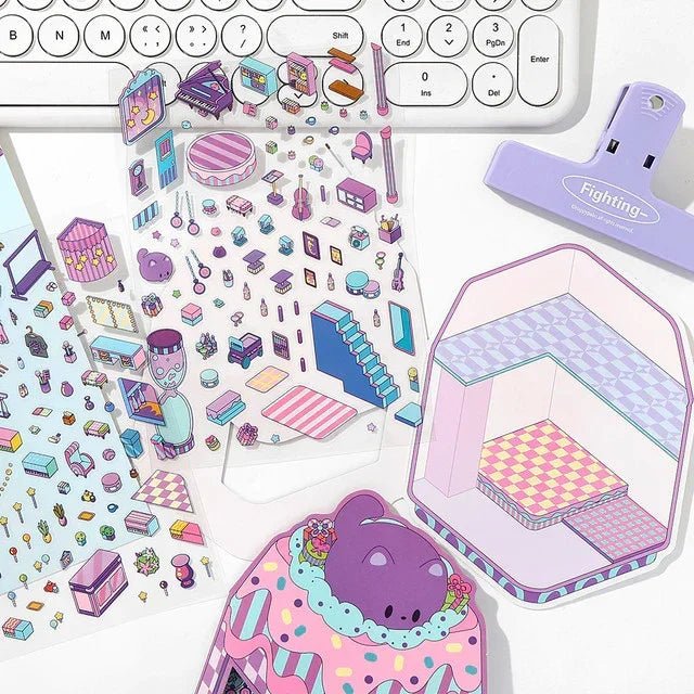 Kawaii miniature world scene stickers with pastel furniture and playful room decor illustrations.