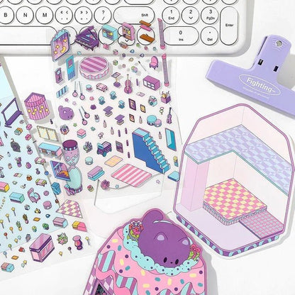 Kawaii miniature world scene stickers with pastel furniture and playful room decor illustrations.