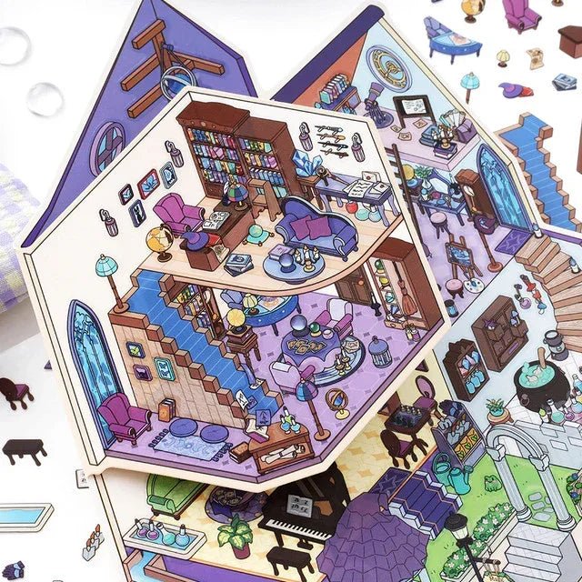Colorful miniature game room and cozy castle scene stickers with bookshelves, sofas, and stairs.