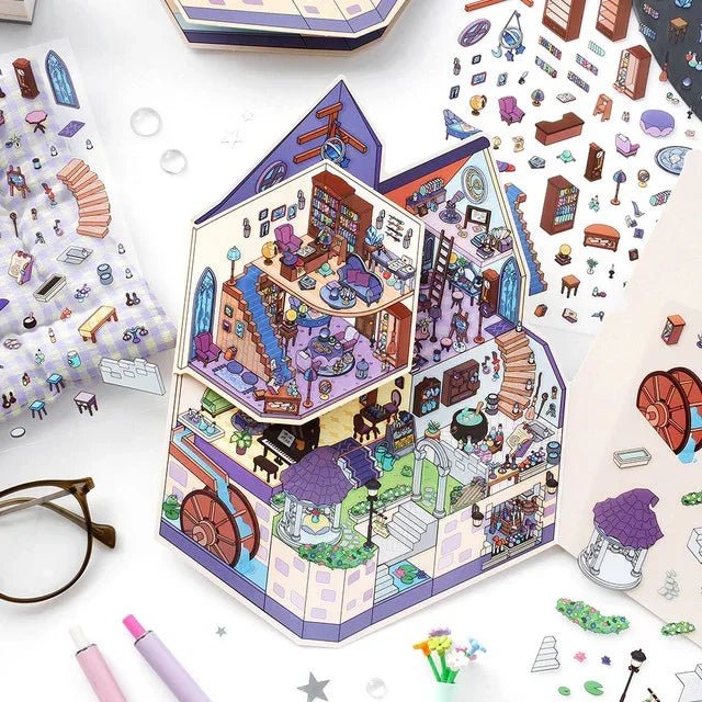 Colorful miniature castle scene stickers for scrapbooking and journaling, witch game room design