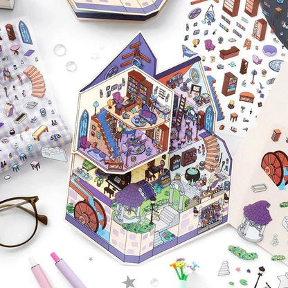 Colorful miniature castle scene stickers for scrapbooking and journaling, witch game room design