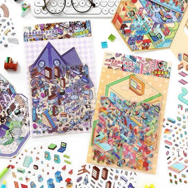 Colorful scene sticker sheets with miniature witch castle and game room designs for journaling or scrapbooking.