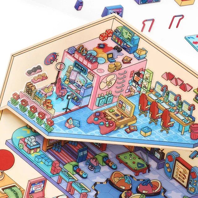 Colorful miniature game room scene sticker with gaming desks, consoles, and vibrant decor