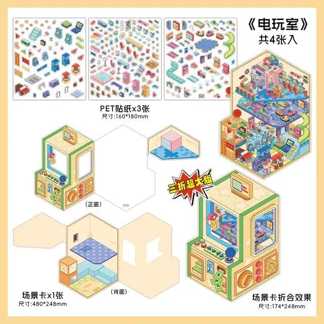 Miniature arcade game room scene stickers kit with colorful furniture, claw machine, and decor