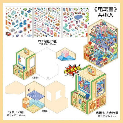Miniature arcade game room scene stickers kit with colorful furniture, claw machine, and decor