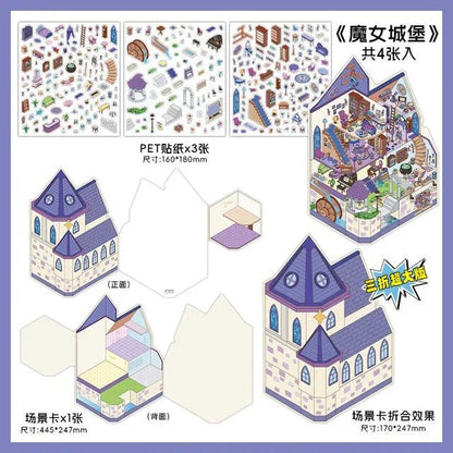 Miniature witch castle scene stickers set with castle cutouts and detailed room decor elements.