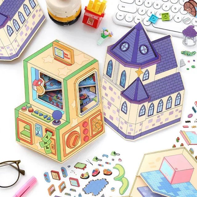 Miniature arcade game and fantasy castle scene stickers for journaling and scrapbooking
