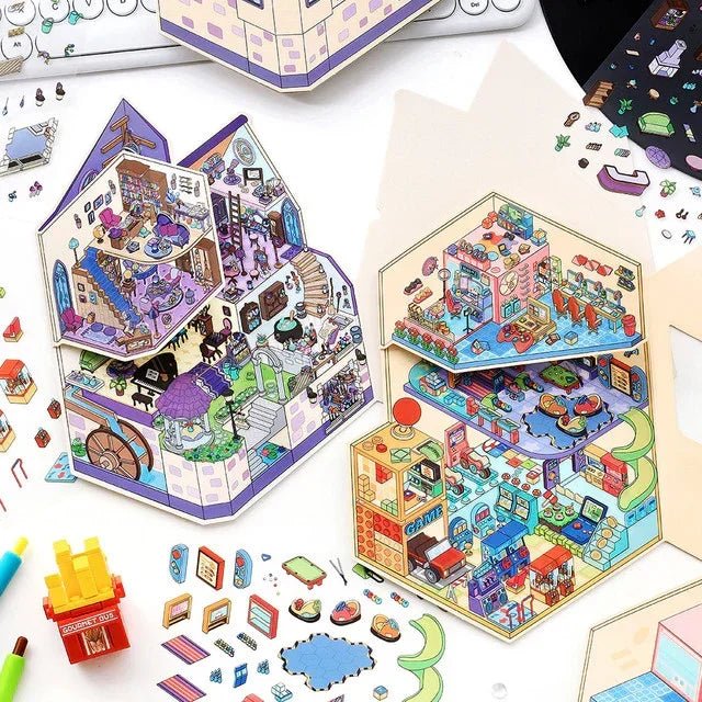 Colorful miniature game room and fantasy castle pop-up stickers for journaling and scrapbooking