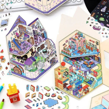 Colorful miniature game room and fantasy castle pop-up stickers for journaling and scrapbooking