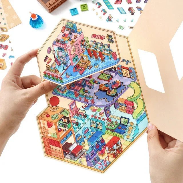 Colorful miniature game room scene stickers sheet for journaling and scrapbooking crafts