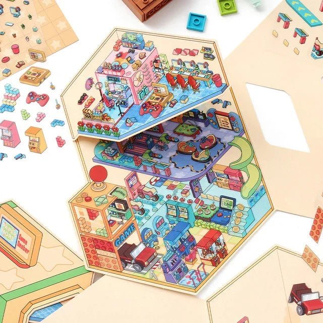 Colorful miniature sticker scene of a whimsical game room castle with arcade and toys