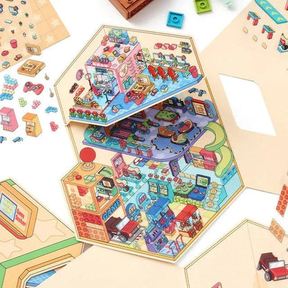 Colorful miniature sticker scene of a whimsical game room castle with arcade and toys