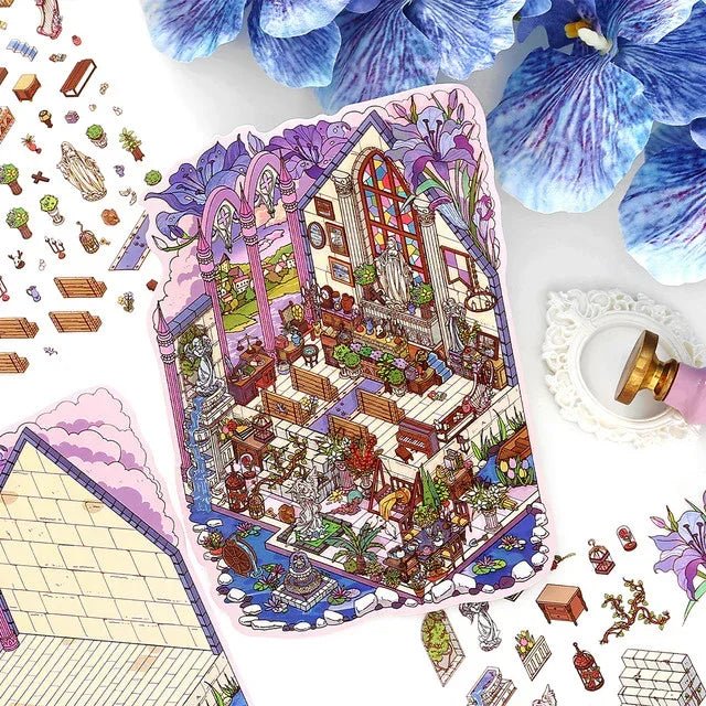 Colorful miniature chapel scene sticker with stained glass, benches, and floral decorations