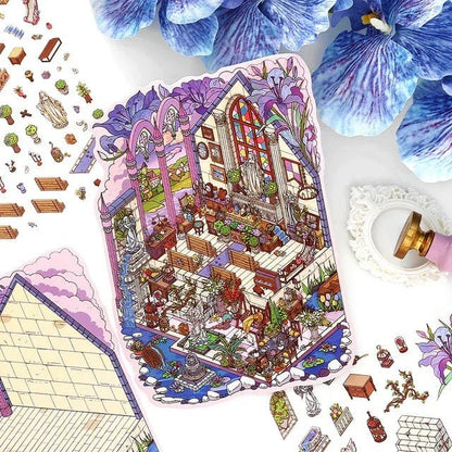Colorful miniature chapel scene sticker with stained glass, benches, and floral decorations