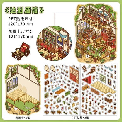 Miniature tavern scene sticker set with interior furniture, decor, and cozy bar elements.