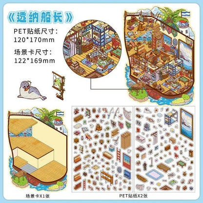 Miniature ship captain-themed scene sticker kit with detailed stickers and diorama card for journals.