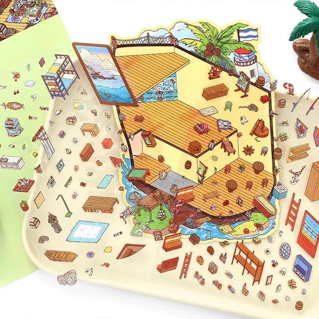 Miniature pirate tavern scene sticker sheet with colorful furniture, accessories, and island details