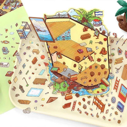 Miniature pirate tavern scene sticker sheet with colorful furniture, accessories, and island details