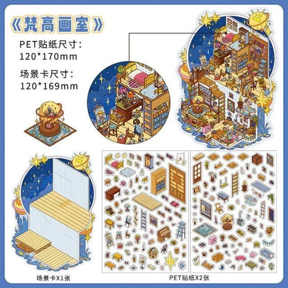 Cute miniature art studio scene sticker set with furniture, decor pieces, and starry background.
